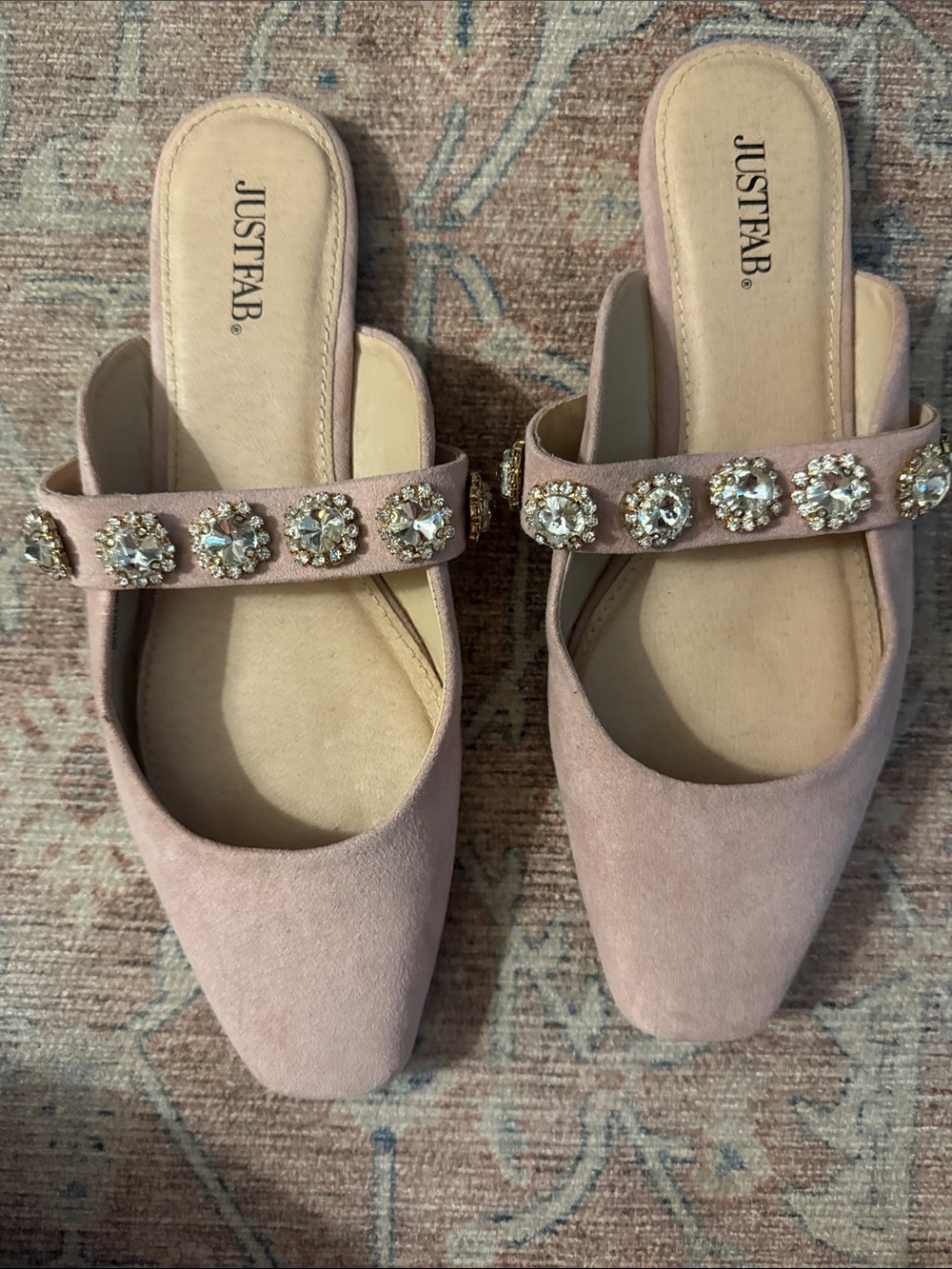 JustFab Blush Pink Jeweled Suede Mules